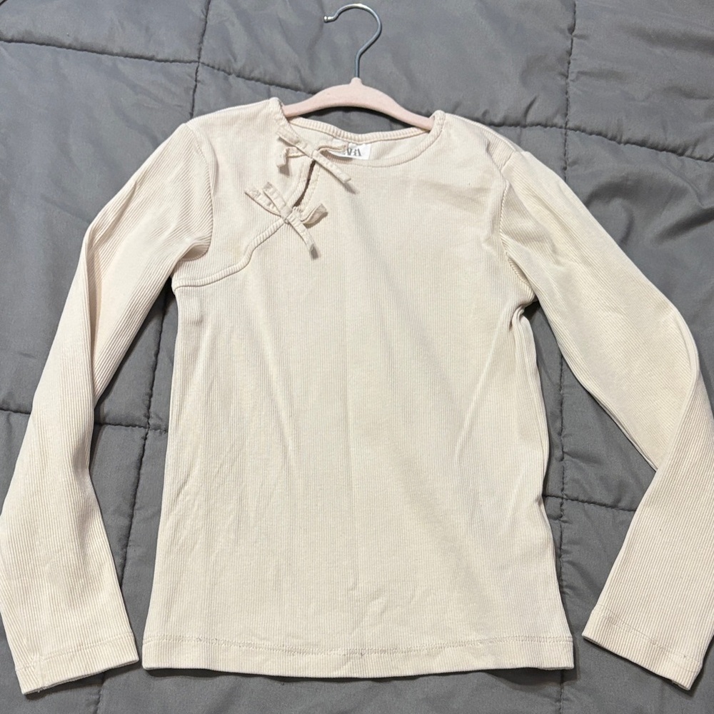Zara Cream Long Sleeve Ribbed Top with Bow Detail